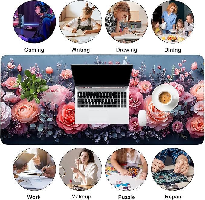 Mouse Pad, Large Anti-Slip with Stitched Edges Desk Mat Desktop Laptop Computer Desk Keyboard Mat,Table Protector Blotter Mat (Pink Flower, 35.4" x 15.7")