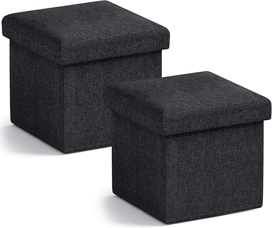 Ornavo Home Small Storage Ottoman, Set of 2 Foldable Collapsible Cube Square Linen Ottoman Foot Rest Stool Seat, for Living Room, Bedroom, Home Office, Dorm - 12 x 12 x 12, Black
