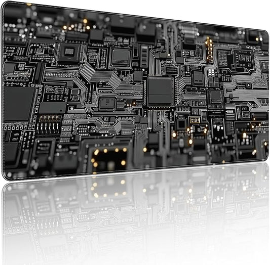 Large Gaming Mouse Pad, Circuit Board Design, Tech-Style Desk Mat, Extended Size 35.4 x 15.7 inches, Non-Slip Base, Microfiber Surface, Waterproof, Suitable for Gaming and Office Use.