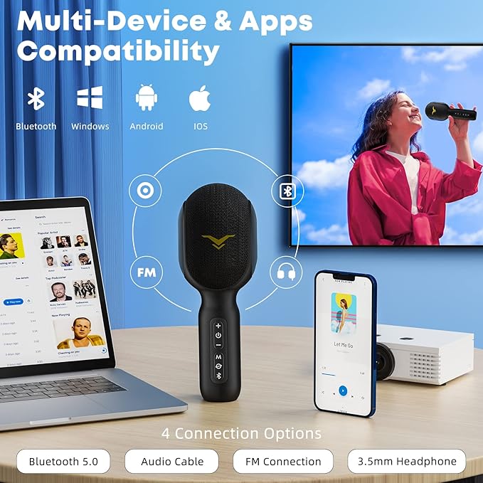 Wireless Bluetooth Karaoke Microphone, 5-in-1 Portable Handheld Mic Speaker with Dynamic RGB Lights, Mini Karaoke Machine for Car Travel Home Party, Music Recording, Duet Singing, Gift for Kids Adults