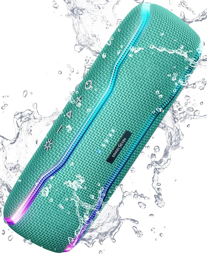 ERKEISEHN Bluetooth Speaker, IPX7 Waterproof Wireless Speakers, Flashing Light, 25W Super Bass, 24H Playtime, Birthday Valentines Gifts for Him/Men, TWS Pairing, Beach Vacation Essentials, Grass Green