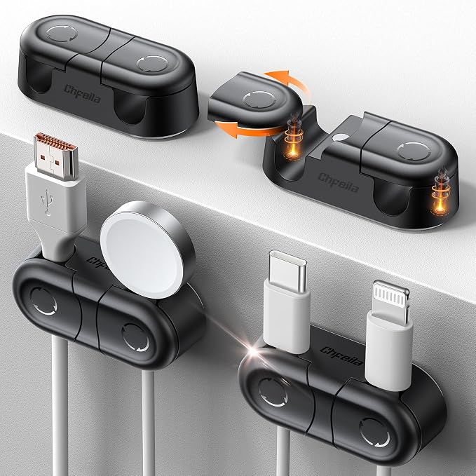 Magnetic Cable Clips - Chfeila 4Pack [Dual Slot] [360??Rotating & Twist-Lock] Cord Management, Adhesive Phone Charging Keeper, Wire Organizer Holder for Nightstand, Home Office Desk Accessories Decor by Chfeila