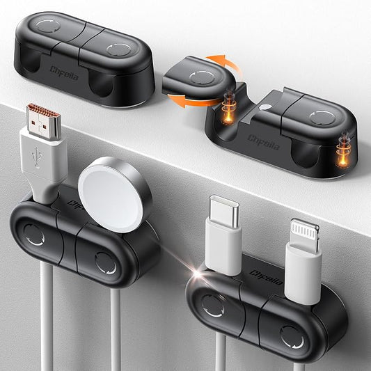 Magnetic Cable Clips - Chfeila 4Pack [Dual Slot] [360??Rotating & Twist-Lock] Cord Management, Adhesive Phone Charging Keeper, Wire Organizer Holder for Nightstand, Home Office Desk Accessories Decor by Chfeila