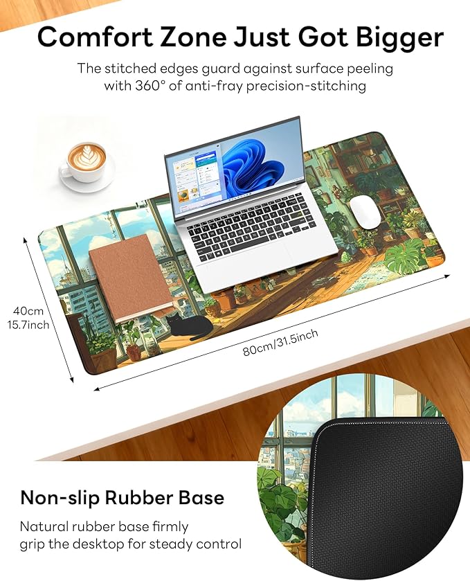 XL Gaming Mouse Pad, 31.5x15.7'' Large Desk Mat with Anti-Slip Rubber Base & Stitched Edges for Gaming, Office, Home - Greeny Cottage