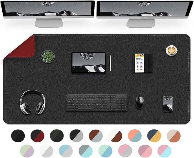 Bleswin Desk Mat Large Protector Pad, Dual Sided Color Mouse Pad, Waterproof and Non-Slip Mat for Desk, PU Leather Table Mat, Office and Reading Desk Mat (Black+Red, 47.2''×23.6'')