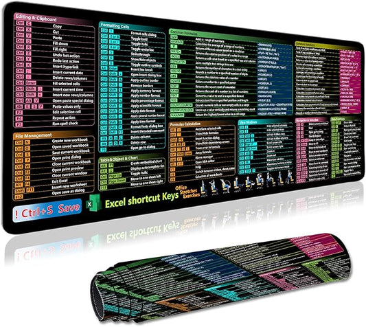 Excel Cheat Sheet Desk Pad, XL Large Gaming Mouse Pad, Waterproof Computer Keyboard Mats with Stitched Edges, Non-Slip Rubber Base Laptop Mat for Excel Shortcuts Mousepad Home & Office 31.5" x 11.8"