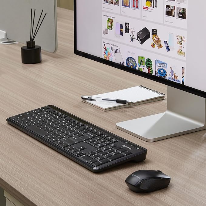 Amazon Basics 2.4GHz Wireless Keyboard and Mouse Combo Set, Quiet and Compact US Layout, Plug and Play, Unifying USB Receiver, Black