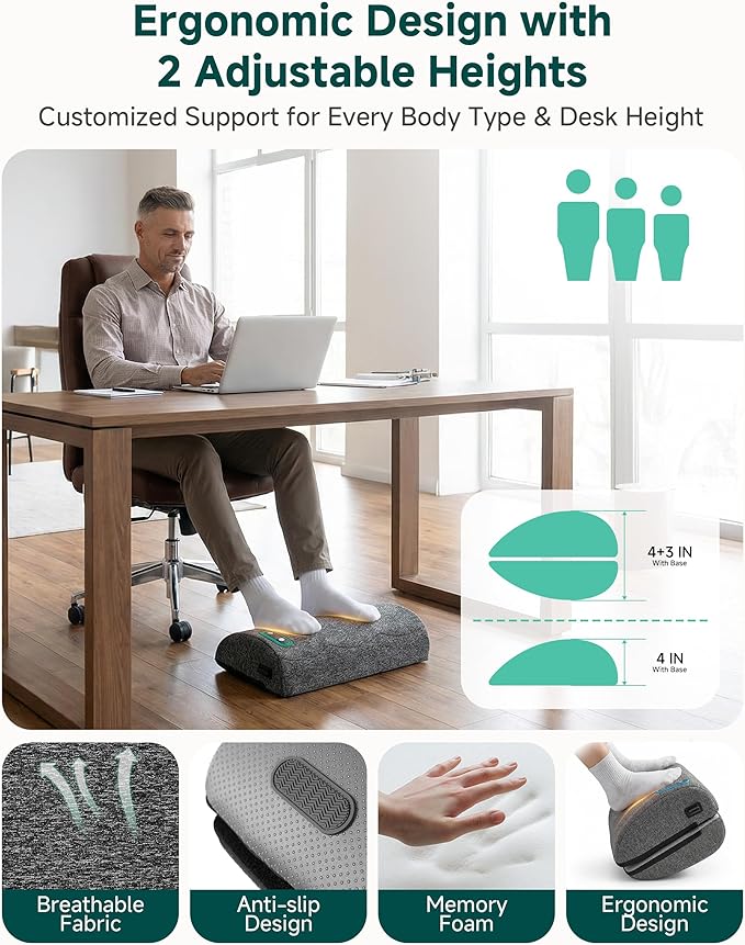 Vibration Foot Rest with Heat & Swing Function, Adjustable Ergonomic Footrest for Under Desk, 3 Graphene Heat Levels, 3 Massage Modes, Timer, Office & Home Relaxation Foot Stool