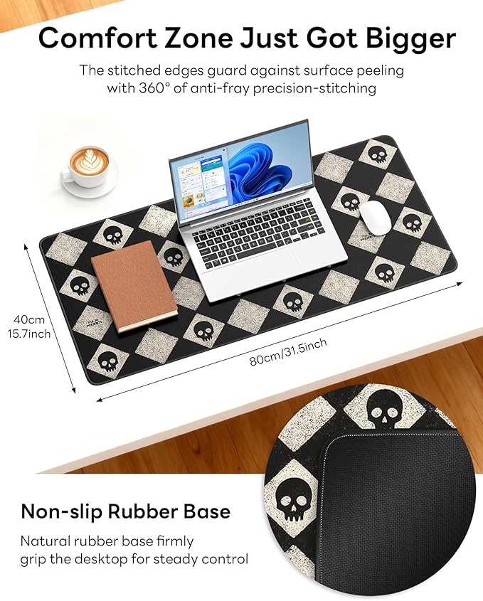 XL Gaming Mouse Pad, 31.5x15.7'' Large Desk Mat with Anti-Slip Rubber Base & Stitched Edges for Gaming, Office, Home - Cute Skulls