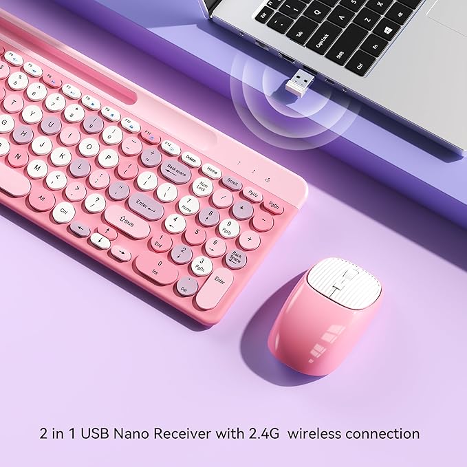 Retro Wireless Keyboard with Round Keycaps, 2.4GHz Full-Size USB Cute Wireless Keyboard Mouse for Computer, Desktop, Laptop and Computer (Pink-Colorful)