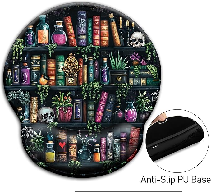 Mouse Pad with Wrist Rest, Goth Ergonomic Mouse Pads Wrist Support for Desk, Funny Skull Gothic Gaming Mousepad for Wireless Mouse Computer Work Home Desk Accessories Office Supplies Witchy Book