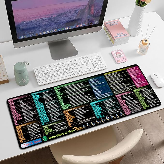 Excel Cheat Sheet Desk Pad, XXL Large Gaming Mouse Pad, Computer Keyboard Mats with Stitched Edges, Non-Slip Rubber Base Laptop Mat for Excel Shortcuts Mousepad Home & Office 35.4" x 15.7"