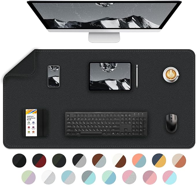 Bleswin Multifunctional Large Desk Mat, Double Sided Computer Desk pad, Extended Mouse Mat, Office Desk Protector with Waterproof PU Leather, 35.4''×16.9'', Office Home Writing Pad (Black+Black)
