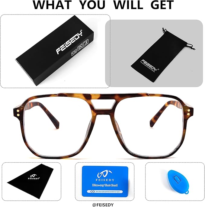 FEISEDY Blue Light Blocking Glasses Fake Nerd Clear Square Computer Lightweight Pilot Glasses Frame Oversized B2866