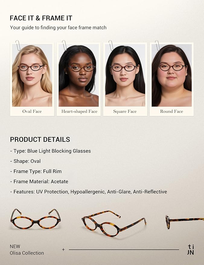 TIJN Olisa Blue Light Blocking Glasses for Women Men,Retro Oval Frame Bluelight Eyeglasses for Gaming/Computer/Screen