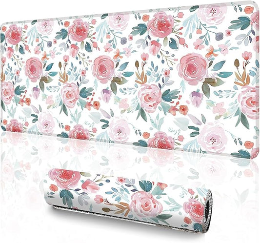 XXL Gaming Mouse Pad (47.2 x 23.6 Inch), Giant Floral Desk Blotter for Full Coverage, Watercolor Rose Garden Pattern, Anti-Slip Table Cover, Premium Soft Laptop Protector