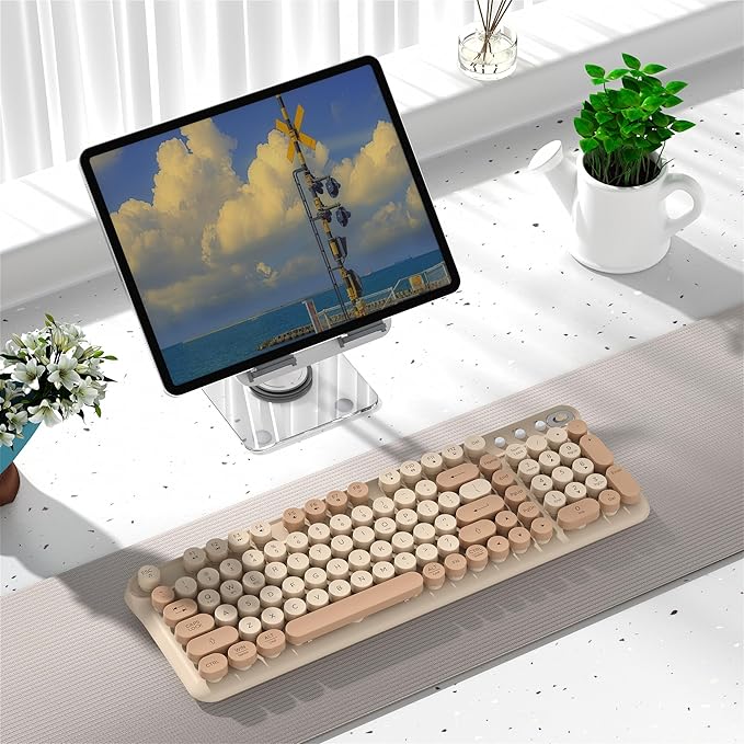 Wireless Bluetooth Keyboard - Full Size Retro Round Typewriter Style Wireless Keyboard with 2.4GHz & Bluetooth Dual-Mode Compatibility for PC, Laptop, Windows, Mac, and More (Milk Tea)