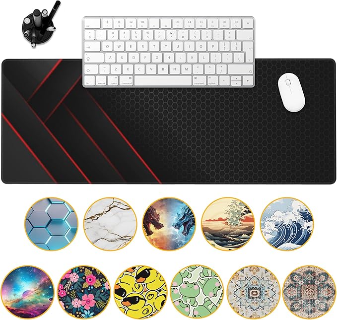 Gaming Desk Pad, Black Red Honeycomb Technology, 31.5"X15.7" Extended Mat with Stitched Edge Non-Slip Base for Office, Keyboard, Laptop