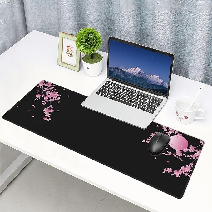 Japanese Cherry Blossom Gaming Mouse Pad XL, Black Desk Mat Large Mouse Pad Long 31.5x11.8in, Extended Big Desk Pad Pink Flower Mousepad with Non-Slip Base and Stitched Edges for Work Gaming Office
