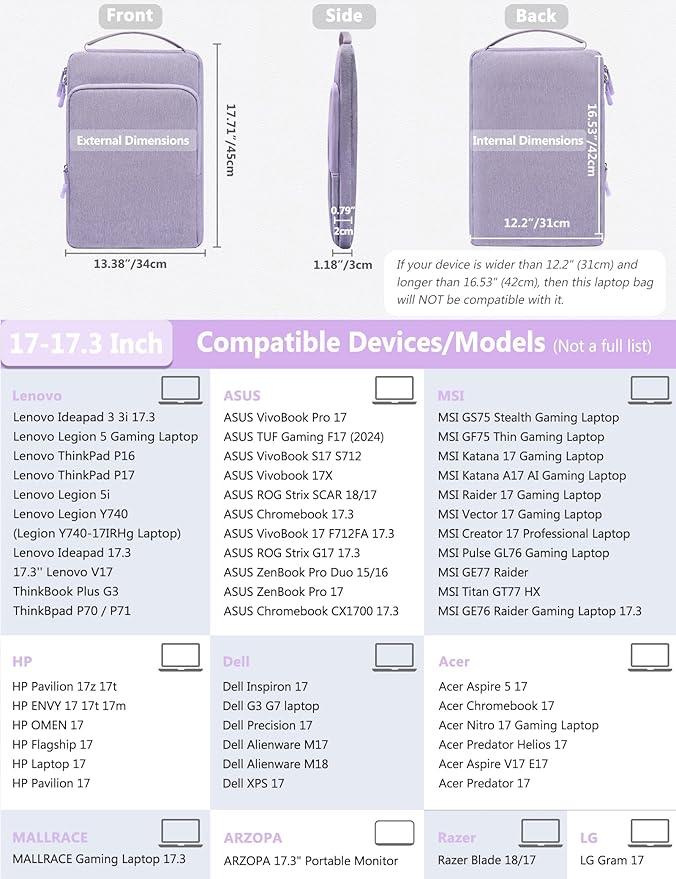 HYZUO 17-17.3 Inch Laptop Bag Case Sleeve for 17" 17.3" HP/Dell/Lenovo/ASUS/Acer/LG/MSI Gaming Laptop/Razer Blade 17/18, Notebook Carrying Briefcase for Men Women, Lilac Purple