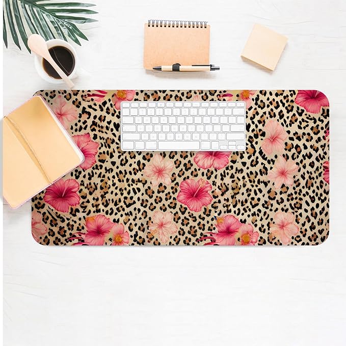 Large Mouse Pad, Leopard Floral Desk Mat for Desktop, Women Girls Flowers PU Leather Waterproof Desk Pad, Computer PC Laptop Protector Gaming Mouse Pads for School Office Home 27.5" x 13.8"