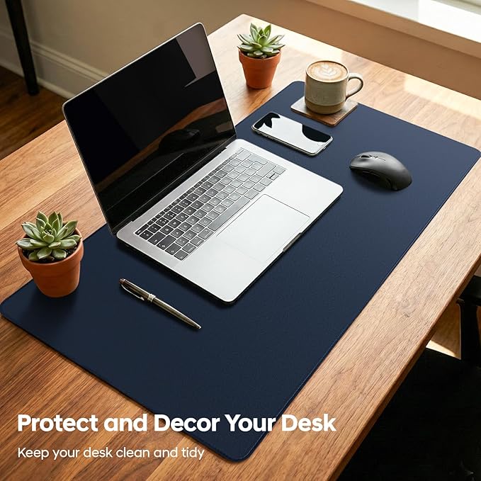 Leather Desk Pad Protector, Office Desk Mat, Large Mouse Pad, Non-Slip PU Leather Desk Blotter, Waterproof Computer Desk Writing Pad for Office and Home (Dark Blue, 31.5" x 15.7")