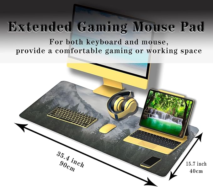 Gaming Mouse Pad - Green XXL Non-Slip Rubber Base 35.4" X 15.7" for Game Office, Park Nature Mountain Trees Mist