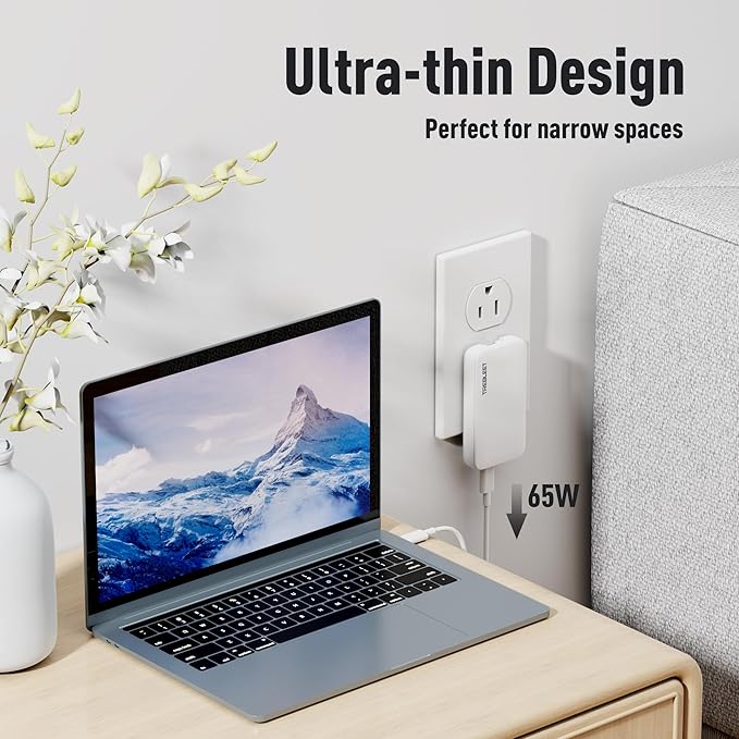 Ultra Thin 65W USB C Charger, Foldable for Travel, Flat Dual Port with PD 3.0 & GaN Tech for Laptops, MacBook, iPad Pro, iPhone 13/13 Pro, iPad Pro,S22, Galaxy Book, LG Gram, XPS, Pixel
