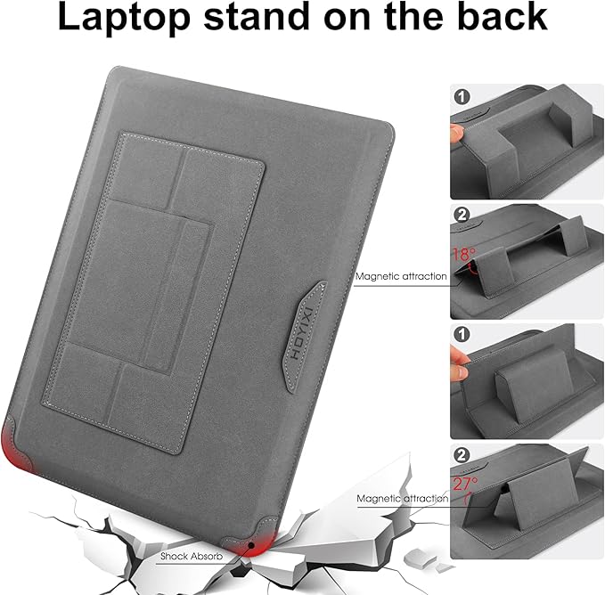 HoYiXi 14 Inch Laptop Sleeve Case Leather Bag with Stand Compatible with Mac Book Pro 14 2021/ASUS Vivobook 14/HP Pavilion X360/IdeaPad 14/Dell HP ASUS Acer Huawei Matebook 14'' PC, Gray