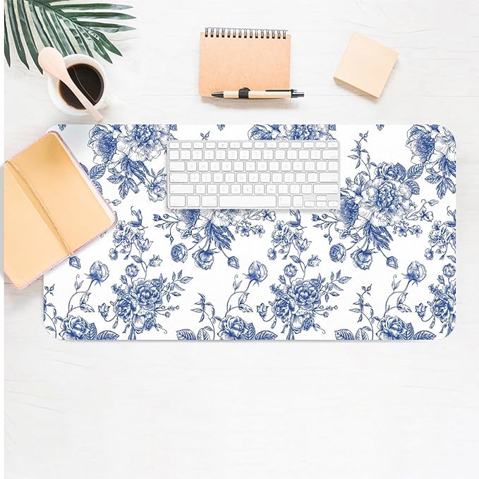 Large Mouse Pad, Chinoiserie Blue Floral Desk Mat for Desktop, Women Girls Flowers PU Leather Waterproof Desk Pad, Computer PC Laptop Protector Gaming Mouse Pads for School Office Home (31.5" x 15.7")