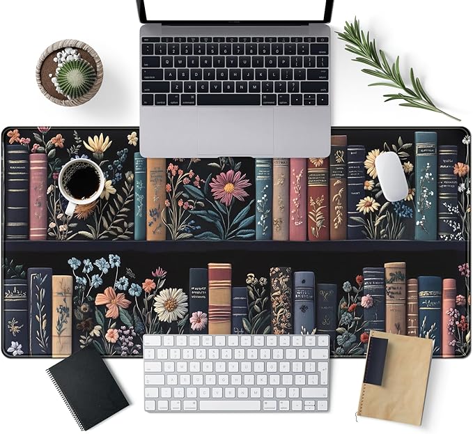 Bookish Desk Mat Floral Bookshelf Desk Pad Faux Embroidery Large Mouse Pad XXL Extended Mousepad Flower Aesthetic Keyboard Pad Mouse Mat 31.5''X15.7''in Book Lovers Gift Office Decor for Women