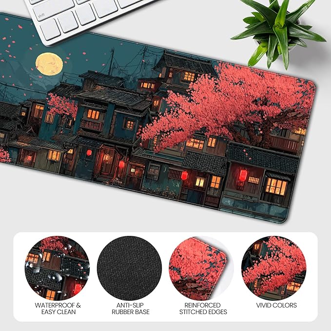 Japanese Anime Cherry Blossom Night Scene Mouse Pad, XXL Extended 35.4 x 15.7 Inch Desk Mat, Non-Slip Rubber Base, Microfiber Cloth Surface, Game Table mat