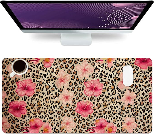 Large Mouse Pad, Leopard Floral Desk Mat for Desktop, Women Girls Flowers PU Leather Waterproof Desk Pad, Computer PC Laptop Protector Gaming Mouse Pads for School Office Home 27.5" x 13.8"
