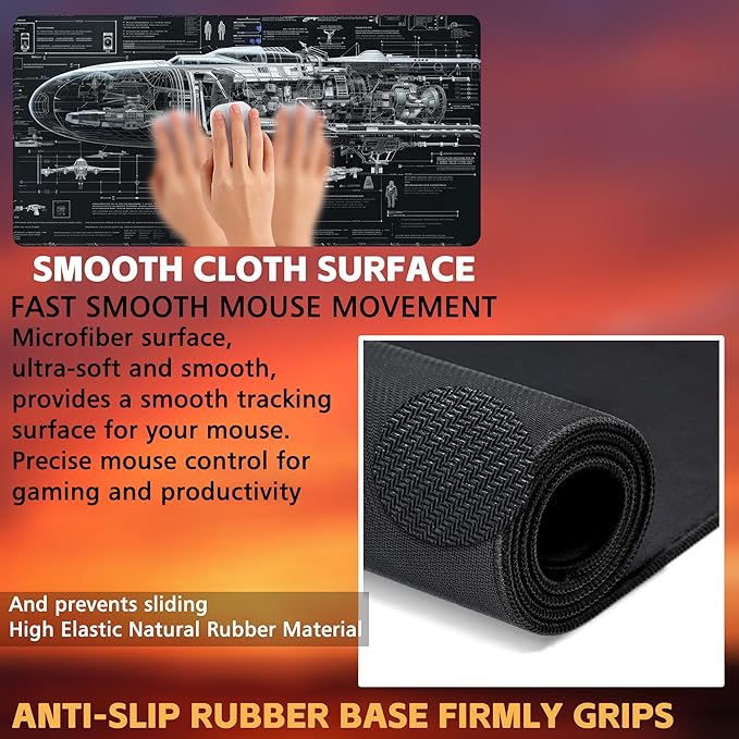 Large Gaming Mouse Pad for Desk, Spaceship Detailed Blueprint Desk Mat, Spacecraft Assembly Diagram Desk Pad, 31.5"x15.7" Extended Big Keyboard Mouse Pad with Non-Slip Base and Stitched Edge