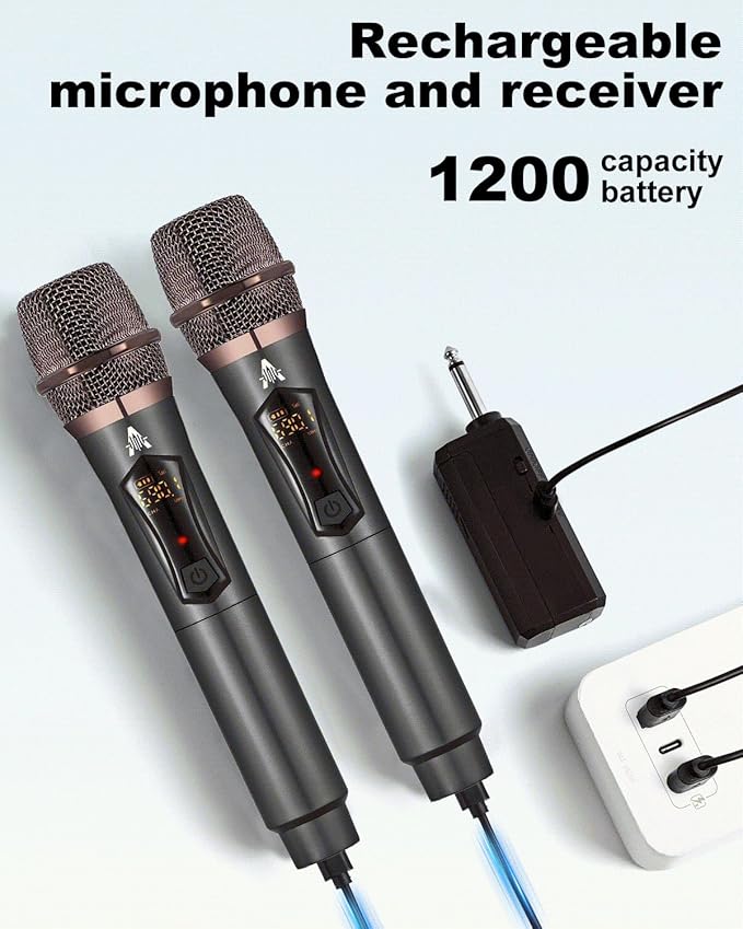 ALPOWL Wireless Microphones, Metal Dynamic Microphone System with Rechargeable Receiver, 50H Duration, 200ft Range, Microphone for Karaoke Singing, Wedding, DJ, Party, Speech, Church