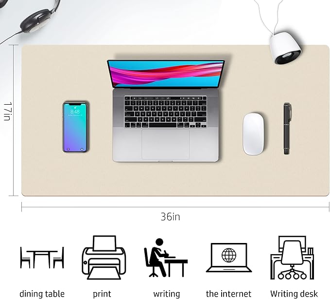 Aothia Double-Sided PU Leather Desk Pad - Non-Slip Large Mouse Pad & Desk Mat for Office, Home - Waterproof, Easy to Clean, Durable Dual-Sided Surface (36" x 17", Beige)