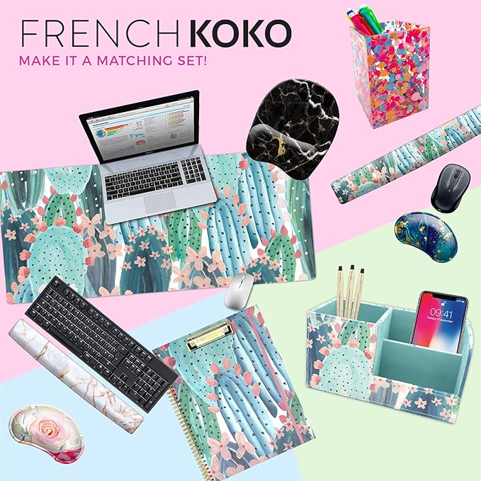 French KOKO Large Mouse Pad Desk Mat Desk Pad Keyboard School Essentials Office Decor Big Extended Laptop Protector Computer Accessories Pretty Mousepad Women Girls Pink Flowers XL Gift