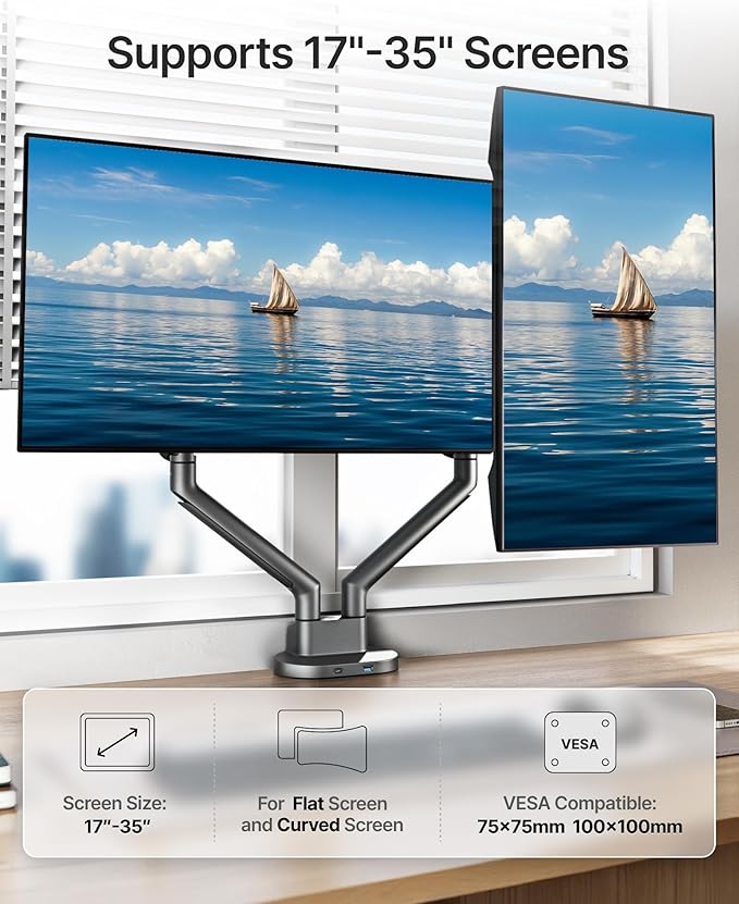 monTEK Dual Monitor Stand Mount with USB for Up to 35" Screens, Each Arm Holds Max 24.3lbs, Full Motion Adjustable Monitor Arm Desk Mount with C-Clamp/Grommet, VESA 75/100mm, Space Gray