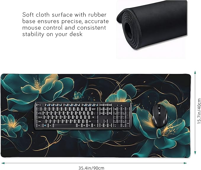 Floral Aesthetic Lotus Large Mouse Pad, Deep Blue Modern Desk Mat with Anti-Slip Base & Stitched Edges,35.4" x 15.7" in Desk Accessories for Women, Home Office Decor & Artistic Gift
