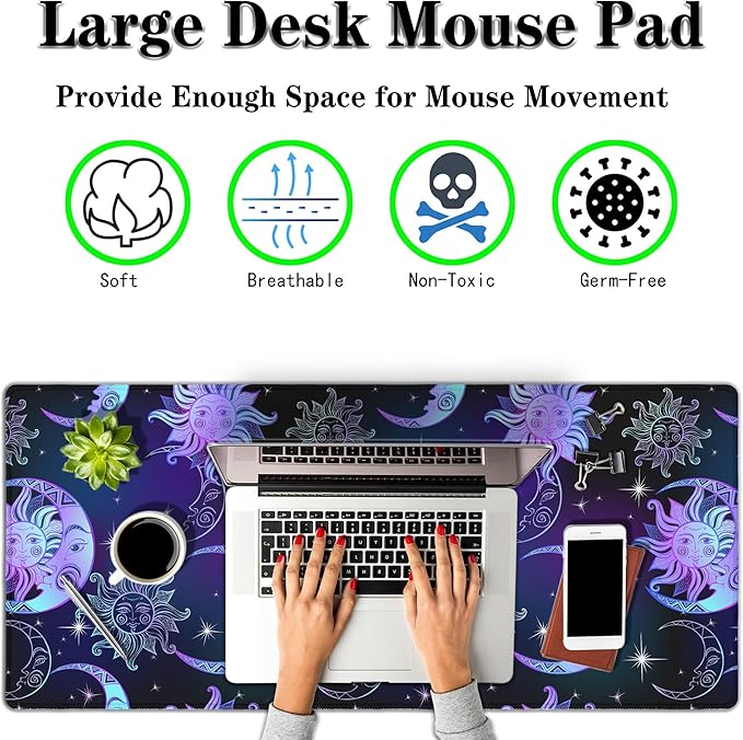 Gaming Mouse Pad Purple Desktop Mat Extra Large Mouse Pads Computer Desk Mat Pc Gaming Mat Waterproof Non-Slip Rubber Base 35.4" X 15.7" for Game Office, Magical Sun and Moon Stars