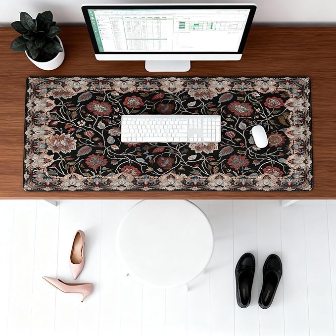 Floral XXL Large Desk Pad Mat - Anti-Slip Stitched Edges Mouse Pad for Women, Office & Home, Extra Big Computer Keyboard Mat for Desktop, Cute Aesthetic Office Supplies & Desk Decor