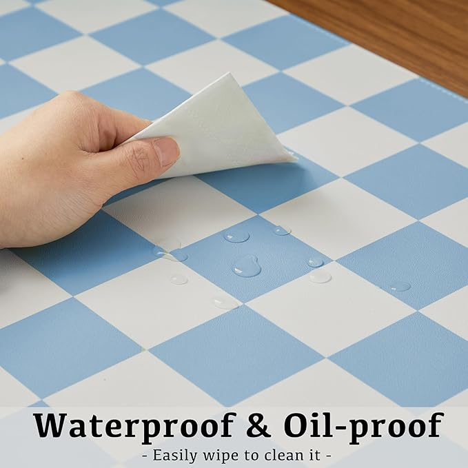 Checkered Desk Mat, 31.5" x 15.7" Large Cute Sky Blue Aesthetic Retro Accessories, PU Leather Computer Laptop Desk Mat Mouse Keyboard Pad, Desk Writing Makeup Mat for Vanity/Work/Home Decor
