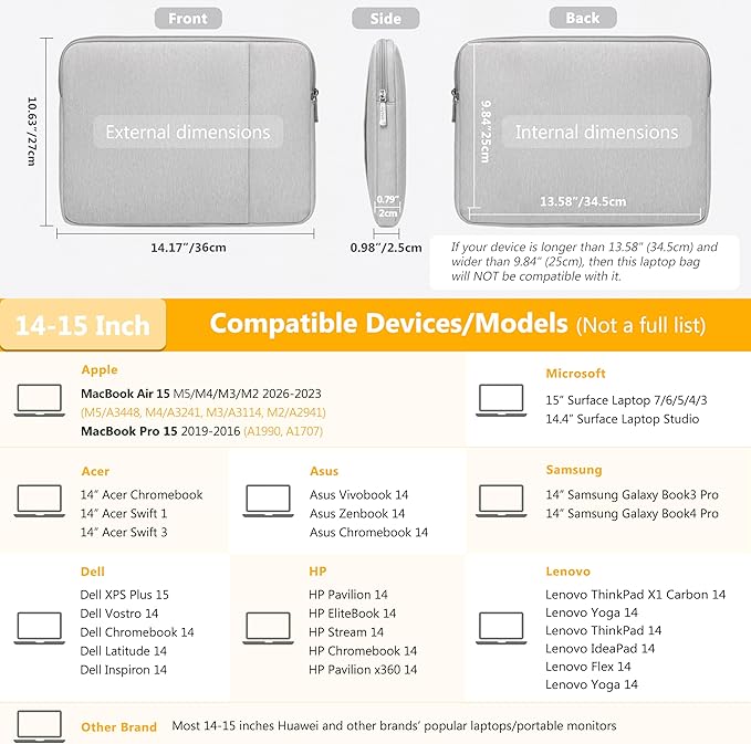 HYZUO 14-15 Inch Laptop Sleeve Bag Set for MacBook Air 15 M5 A3448 M4 M3 M2 2026-2023, MacBook Pro 15, XPS 14/15 Plus, 15" Surface Laptop, Notebook Case for 14" HP Lenovo Asus Acer, Light Gray