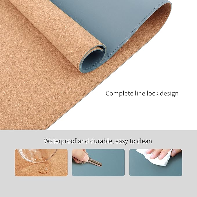 RENMTURE Dual-Sided Mouse Pad, Natural Cork & PU Leather Large Desk Pad for Office and Home Work, Desk Protector Non-Slip, Waterproof, Easy Clean (Blue Gray, 36"x17")
