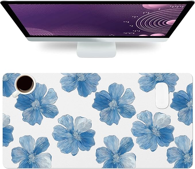 Large Mouse Pad, Blue Floral Desk Mat for Desktop, Women Girls Flowers PU Leather Waterproof Desk Pad, Computer PC Laptop Protector Gaming Mouse Pads for School Office Home (23.6" x 11.8")