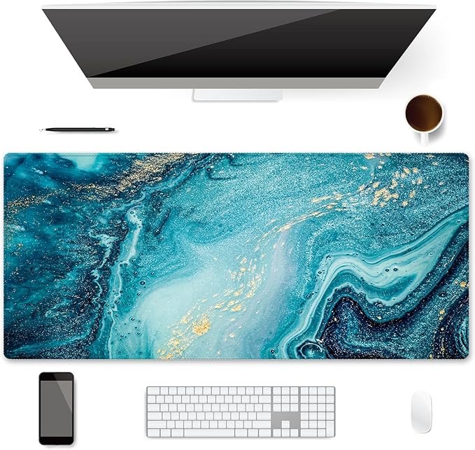 XXL Waterproof Office Desk Pad Protector 35.4x15.7 Inch - Extended Gaming Mouse Pad with Non-Slip Rubber Base, Thickened Keyboard Mat, Stitched Edges & Blue Marble Design