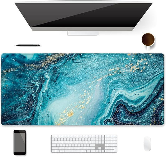XXL Waterproof Office Desk Pad Protector 35.4x15.7 Inch - Extended Gaming Mouse Pad with Non-Slip Rubber Base, Thickened Keyboard Mat, Stitched Edges & Blue Marble Design