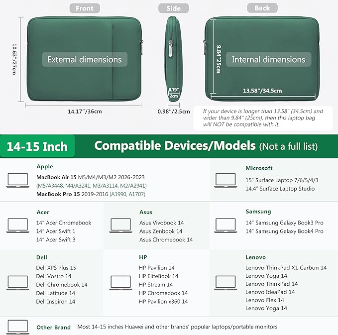 HYZUO 14-15 Inch Laptop Sleeve Bag Set for MacBook Air 15 M5 A3448 M4 M3 M2 2026-2023, MacBook Pro 15, XPS 14/15 Plus, 15" Surface Laptop, Notebook Case for 14" HP Lenovo Asus Acer, Jungle Green
