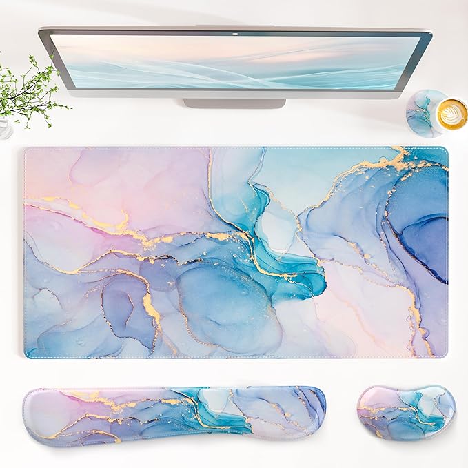 QIYI Leather Desk Mat Set, 4-in-1 Large Mouse Pad with Wrist Rest, Non-Slip Desk Pad + Keyboard Wrist Rest + Mouse Wrist Support + Coaster, Office Desk Accessories Home Decor Supplies, Blue Pink Fluid