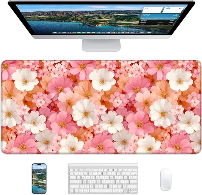 XL Gaming Mouse Pad, 31.5x15.7'' Large Desk Mat with Anti-Slip Rubber Base & Stitched Edges for Gaming, Office, Home - Floral